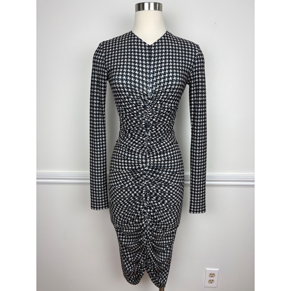 Norma Kamali Long Sleeve V-Neck Shirred Front Dress Black Houndstooth Size XS